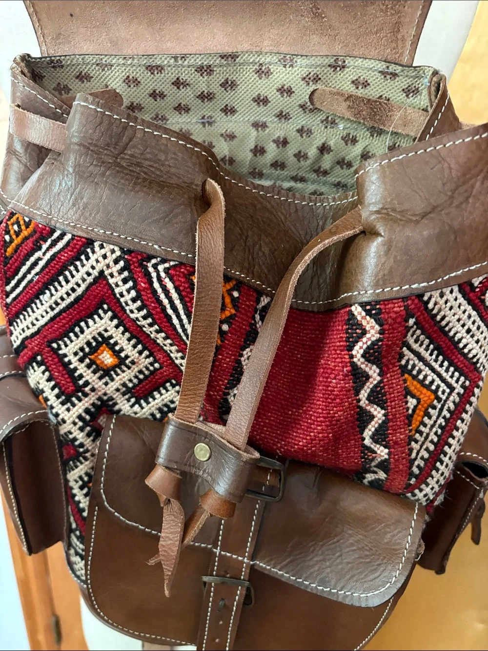Handcrafted Moroccan Leather Kilim Backpack - Boho Rug Bag